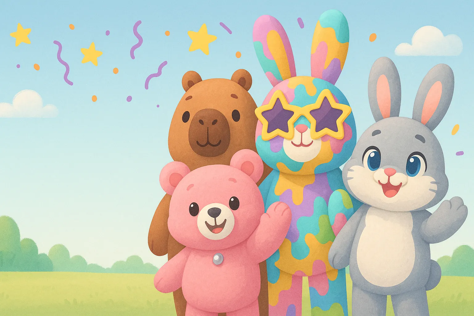 Personajes peluches gigantes en una escena festiva
